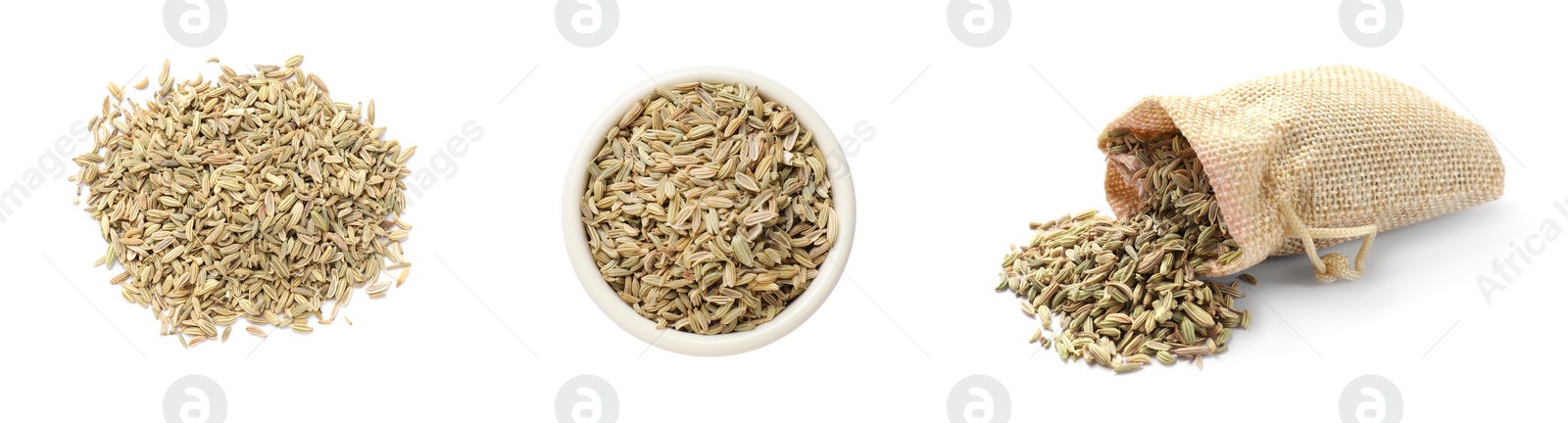 Image of Dry fennel seeds isolated on white, set