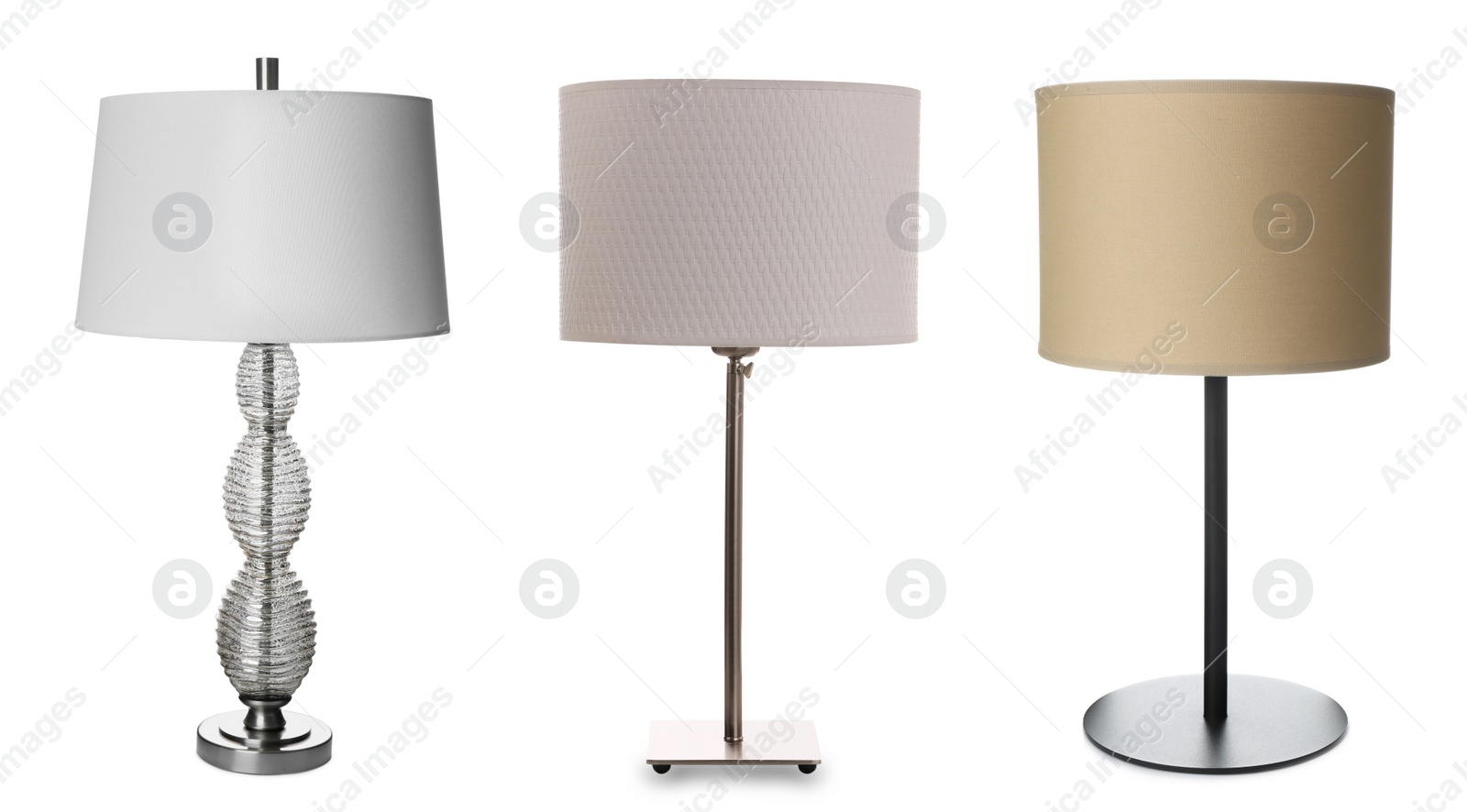 Image of Collage with different stylish night lamps on white background. Banner design