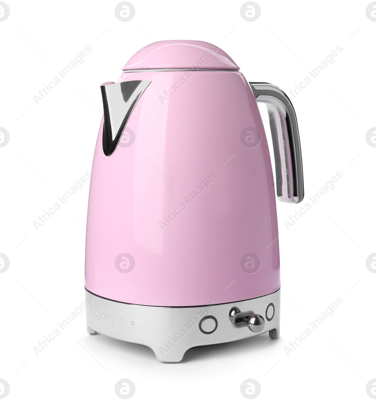 Photo of Modern pink electric kettle with base isolated on white