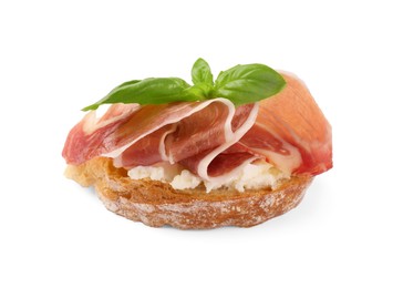 Photo of Tasty sandwich with cured ham, cream cheese and basil leaf isolated on white