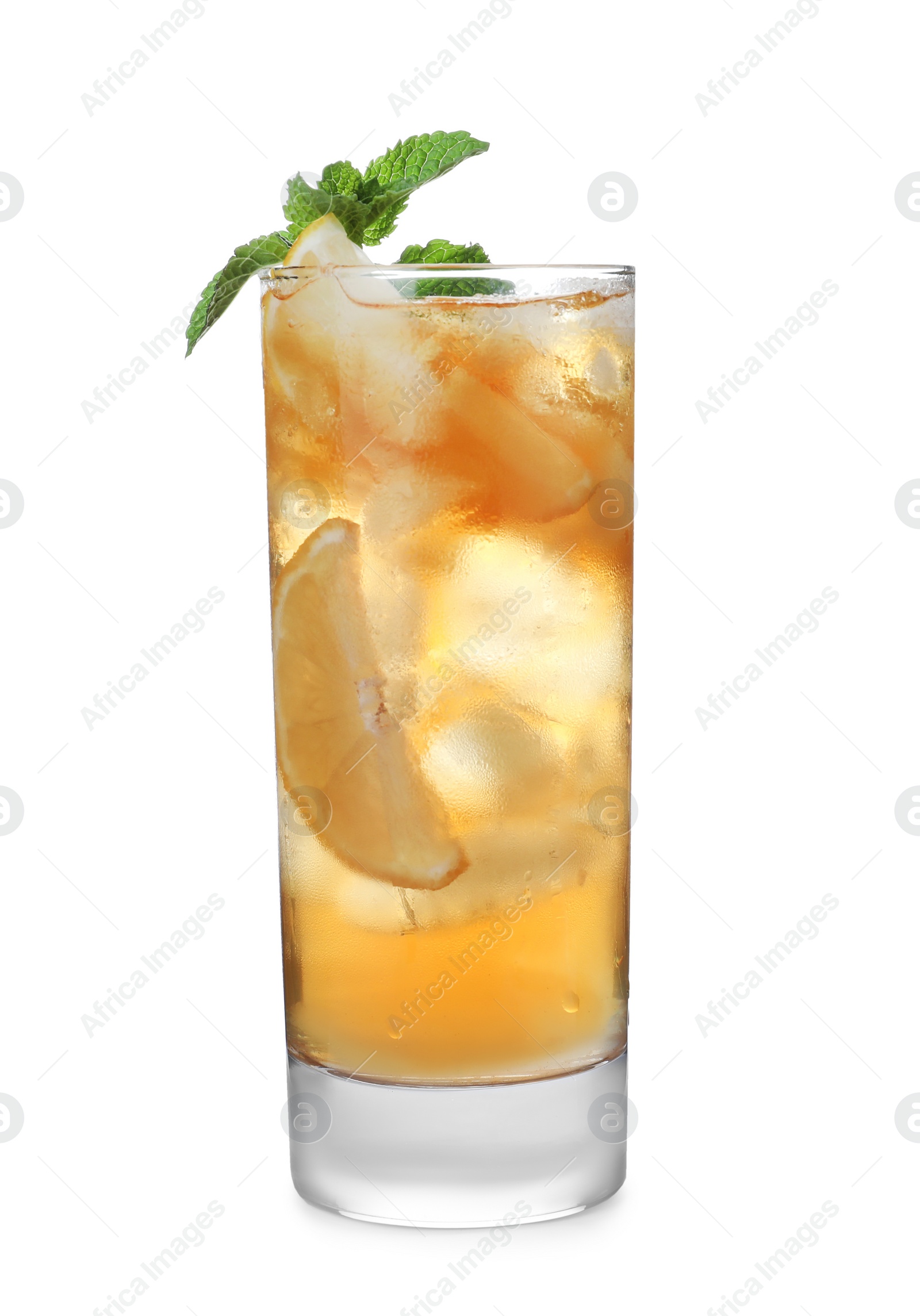 Photo of Delicious iced tea in glass on white background