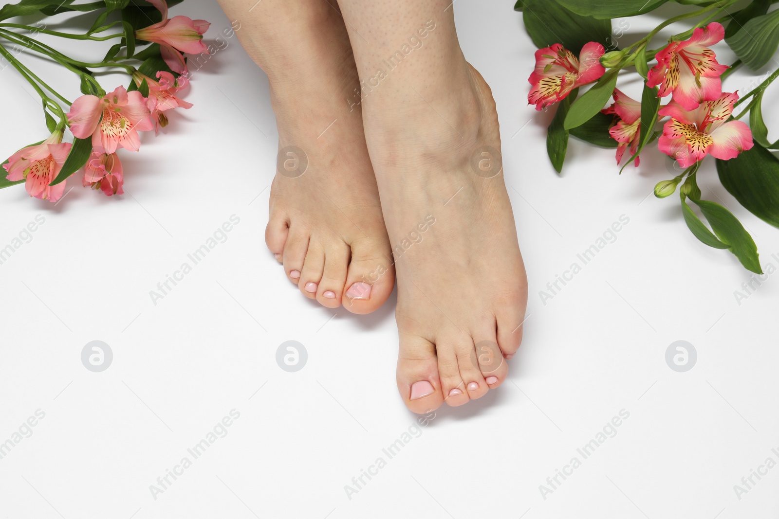 Photo of Closeup of woman with neat toenails after pedicure procedure on light background, top view