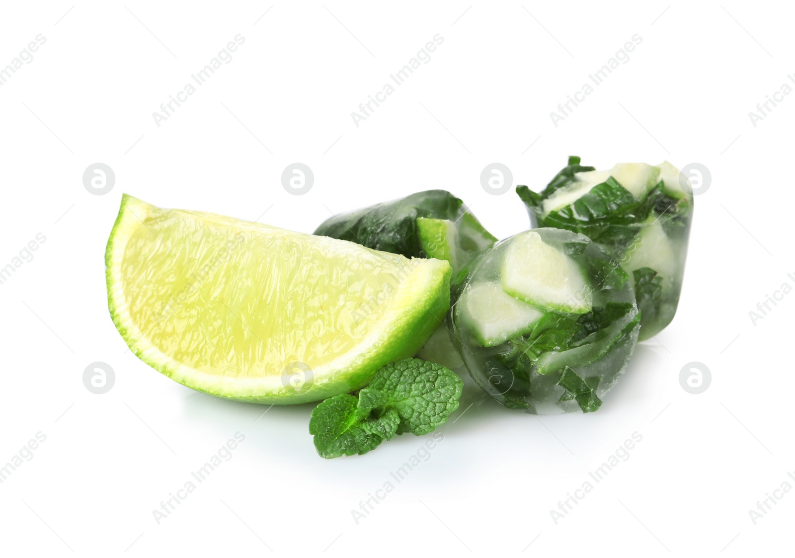 Photo of Lime and mint ice cubes with slice of fresh fruit on white background