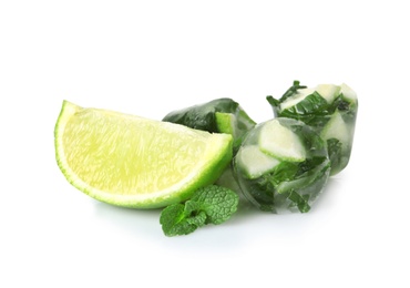 Photo of Lime and mint ice cubes with slice of fresh fruit on white background