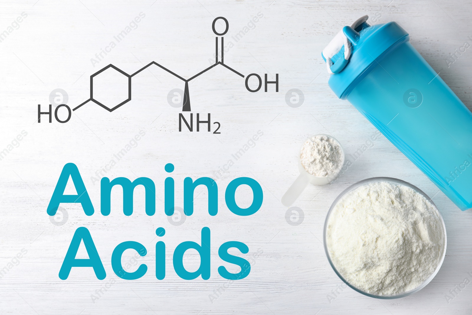 Image of Measuring scoop of amino acids powder and sports bottle on white wooden table, flat lay