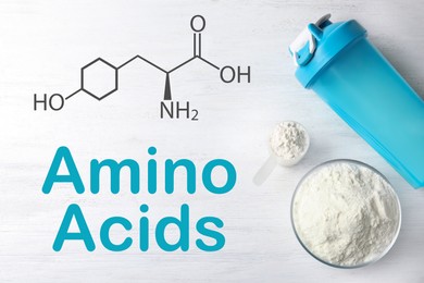 Image of Measuring scoop of amino acids powder and sports bottle on white wooden table, flat lay