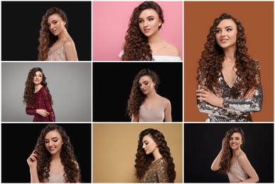 Beautiful woman with hairstyling on different color backgrounds. Collage of photos