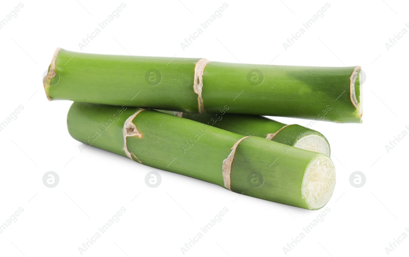 Photo of Pieces of beautiful green bamboo stems on white background