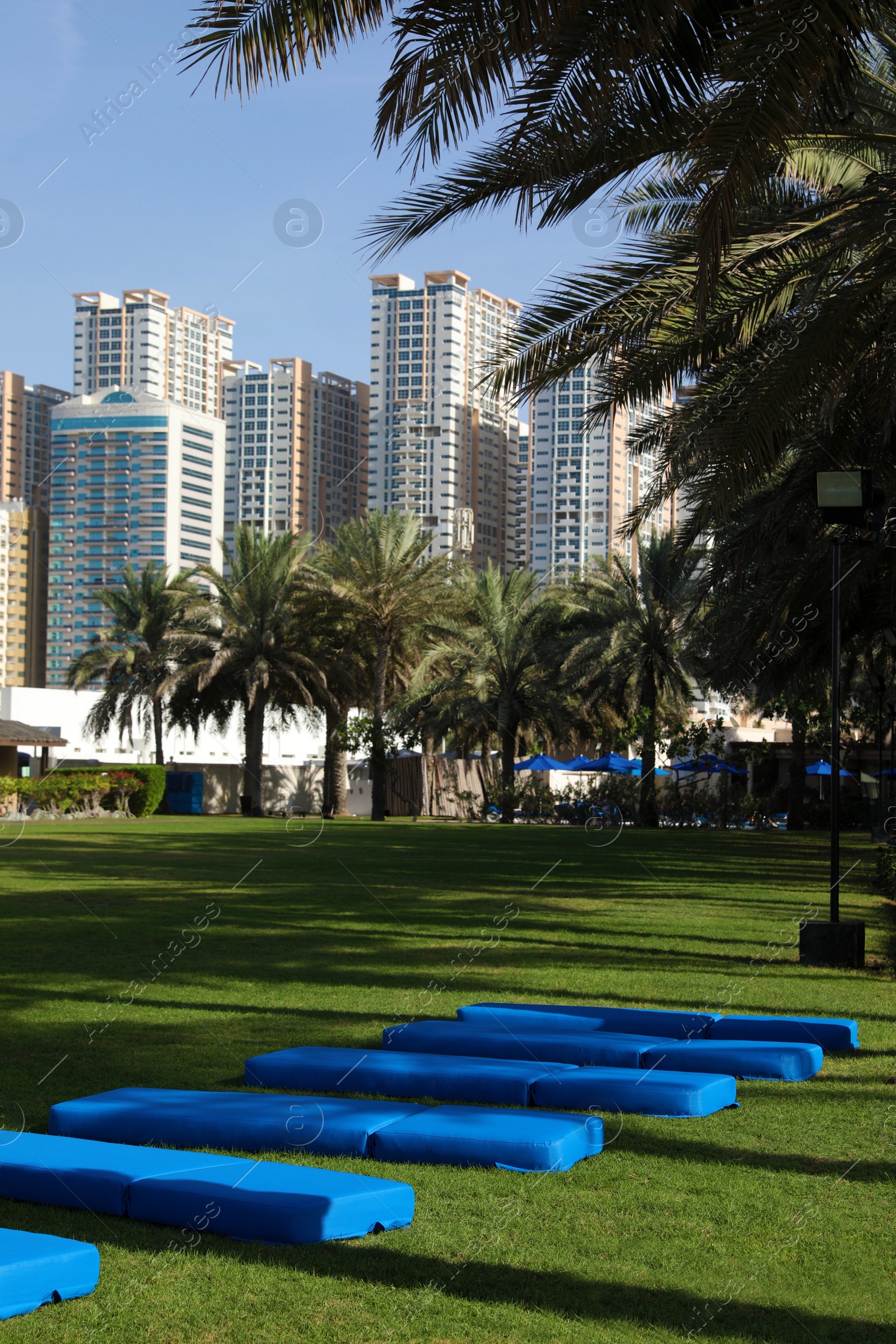 Photo of SHARJAH, UNITED ARAB EMIRATES - NOVEMBER 04, 2018: Beautiful landscape with green park near tropical resort