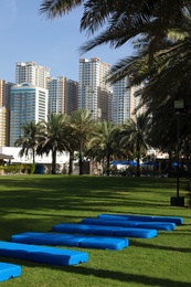 SHARJAH, UNITED ARAB EMIRATES - NOVEMBER 04, 2018: Beautiful landscape with green park near tropical resort