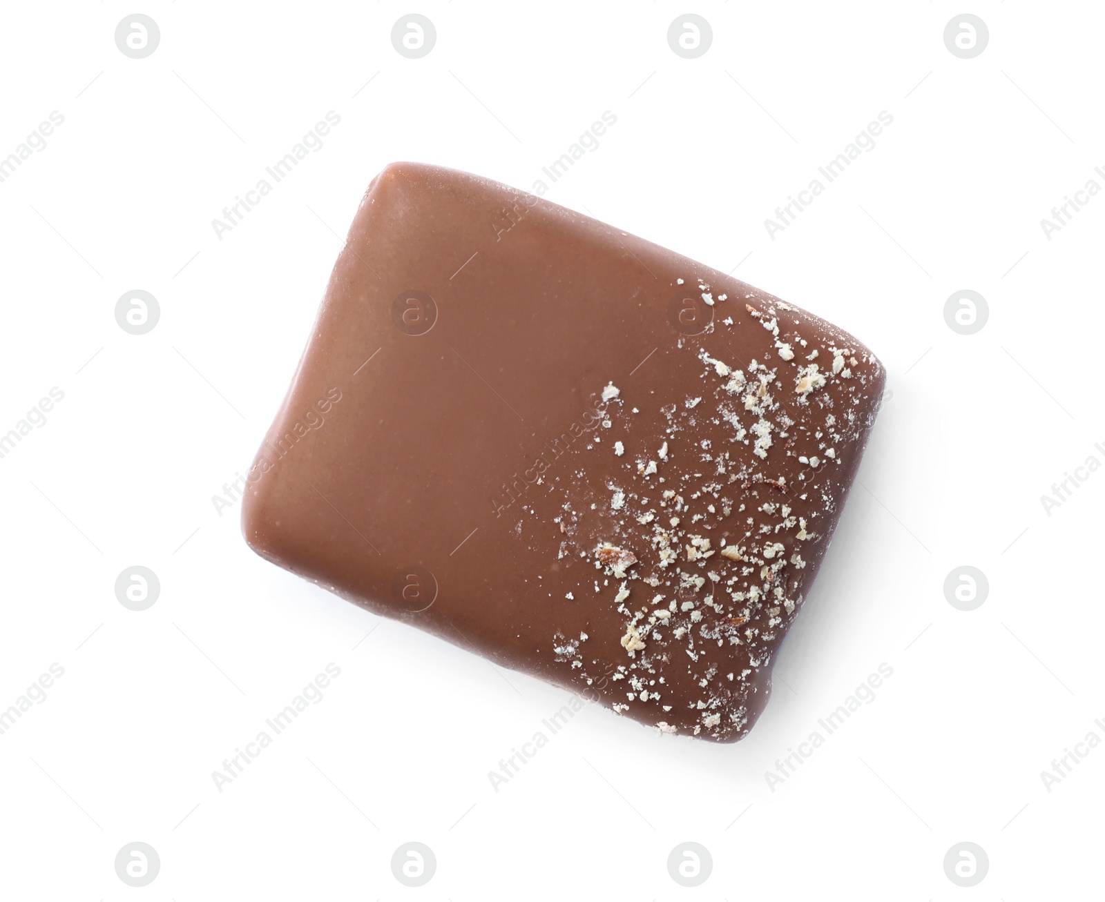 Photo of Delicious milk chocolate candy isolated on white, top view