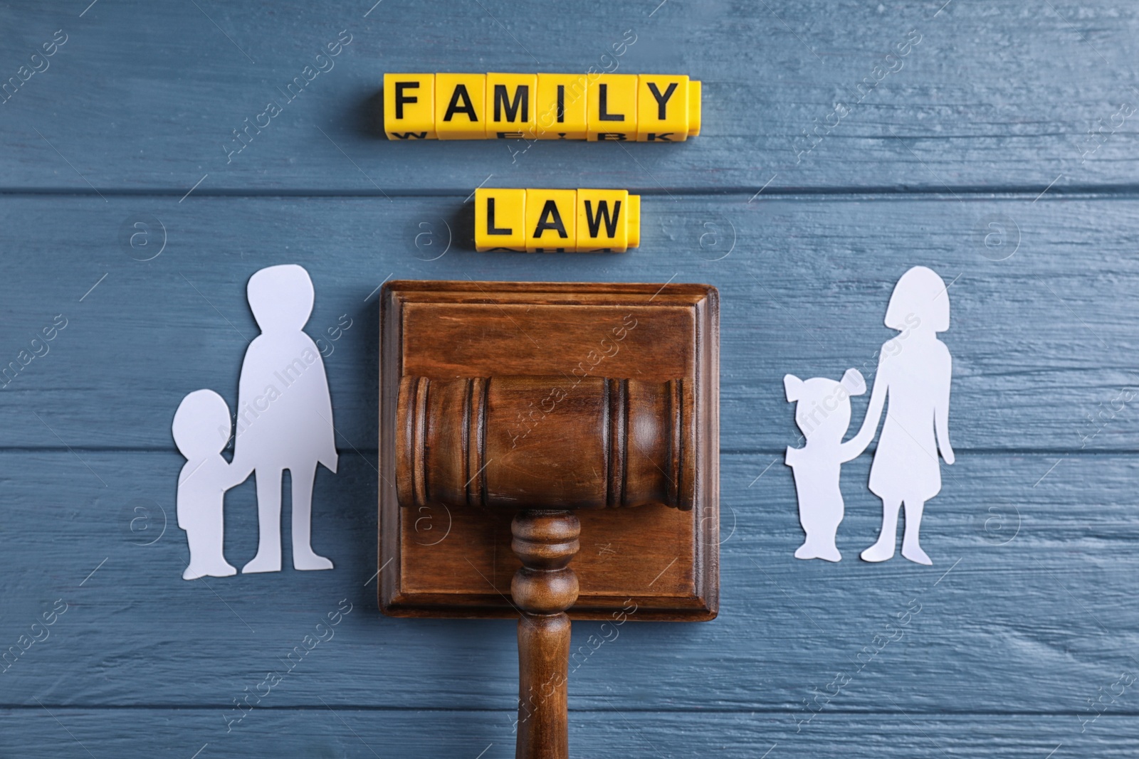 Image of Family law concept. Flat lay composition with judge gavel on blue wooden background