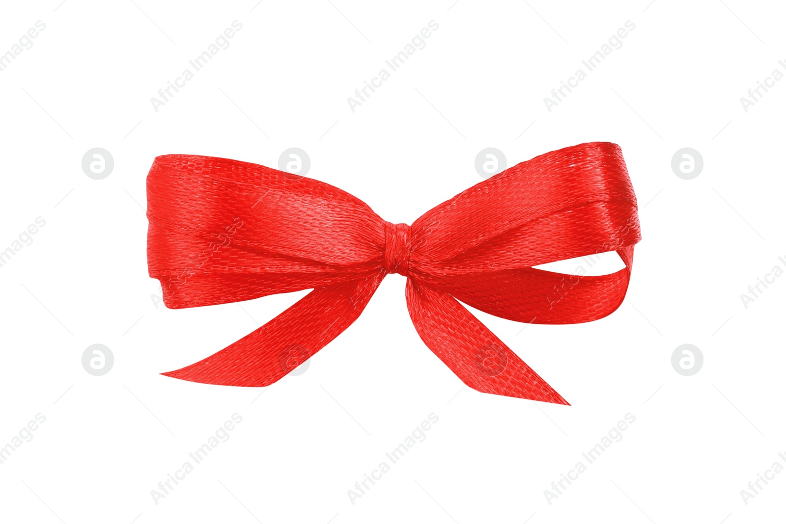 Photo of Beautiful red ribbon tied in bow isolated on white, top view