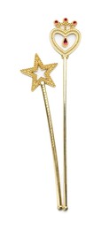 Photo of Beautiful golden magic wands on white background, top view