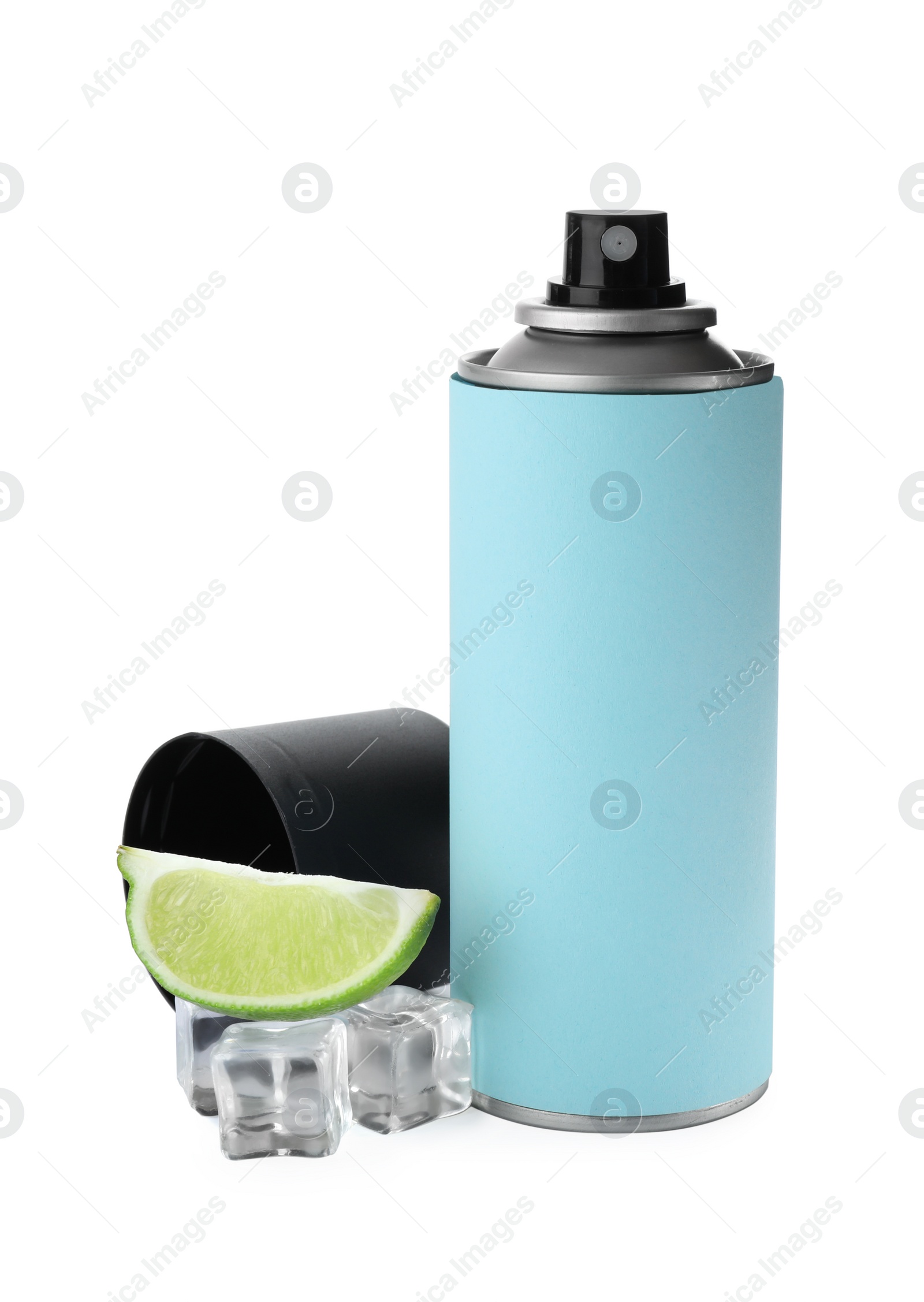 Photo of Spray deodorant with ice and lime on white background