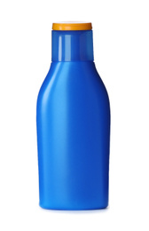 Photo of Blue plastic bottle isolated on white. Mockup for design