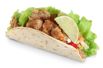 Delicious taco with meat, vegetables and slice of lime isolated on white