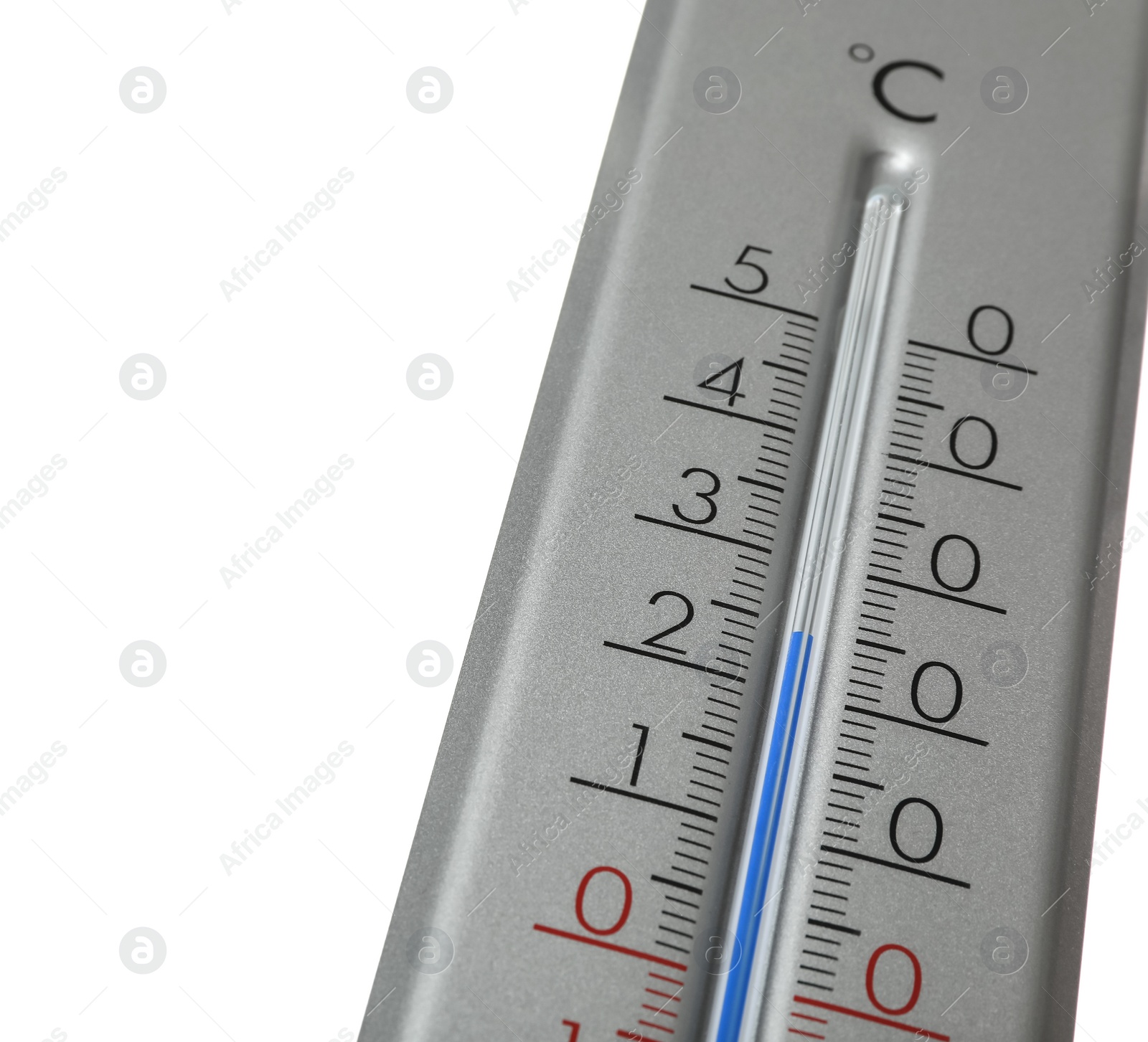 Photo of Modern grey weather thermometer on white background, closeup