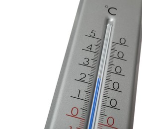 Photo of Modern grey weather thermometer on white background, closeup