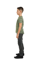 Photo of Full length portrait of preteen boy on white background