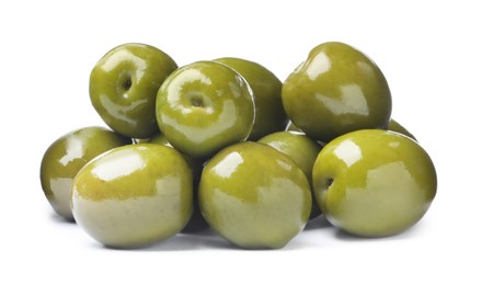 Photo of Many fresh green olives on white background