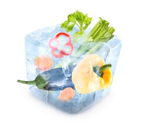 Image of Frozen food. Raw vegetables in ice cube isolated on white