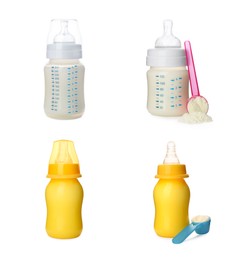 Image of Feeding bottles with infant formula on white background, collage. Baby milk