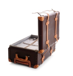 Photo of Open suitcase for travelling on white background