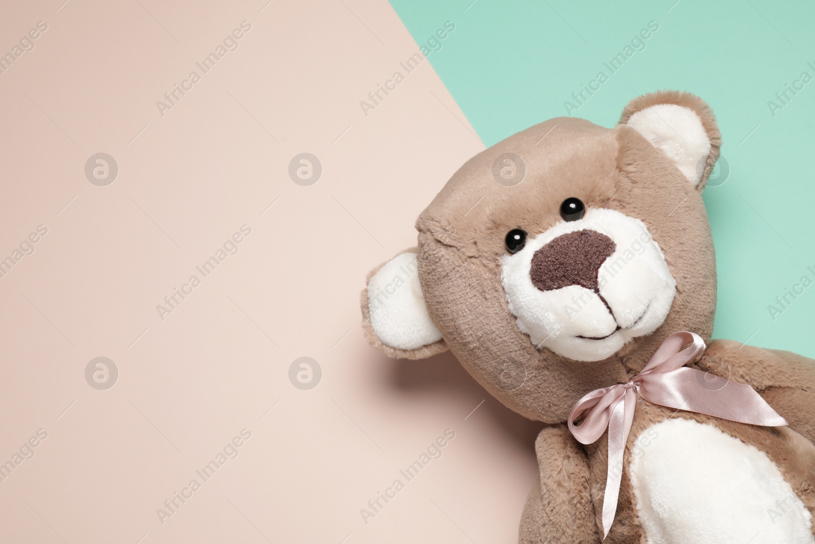 Photo of Cute teddy bear on color background, top view. Space for text