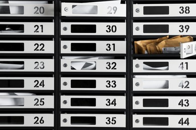 Photo of Many mailboxes with keyholes, numbers and correspondence as background