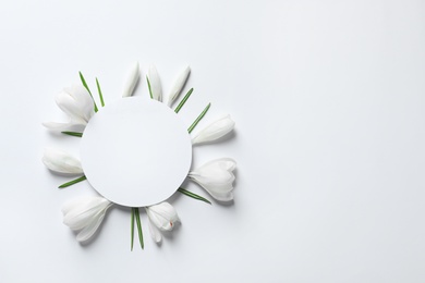 Photo of Beautiful spring crocus flowers and card on white background, top view. Space for text