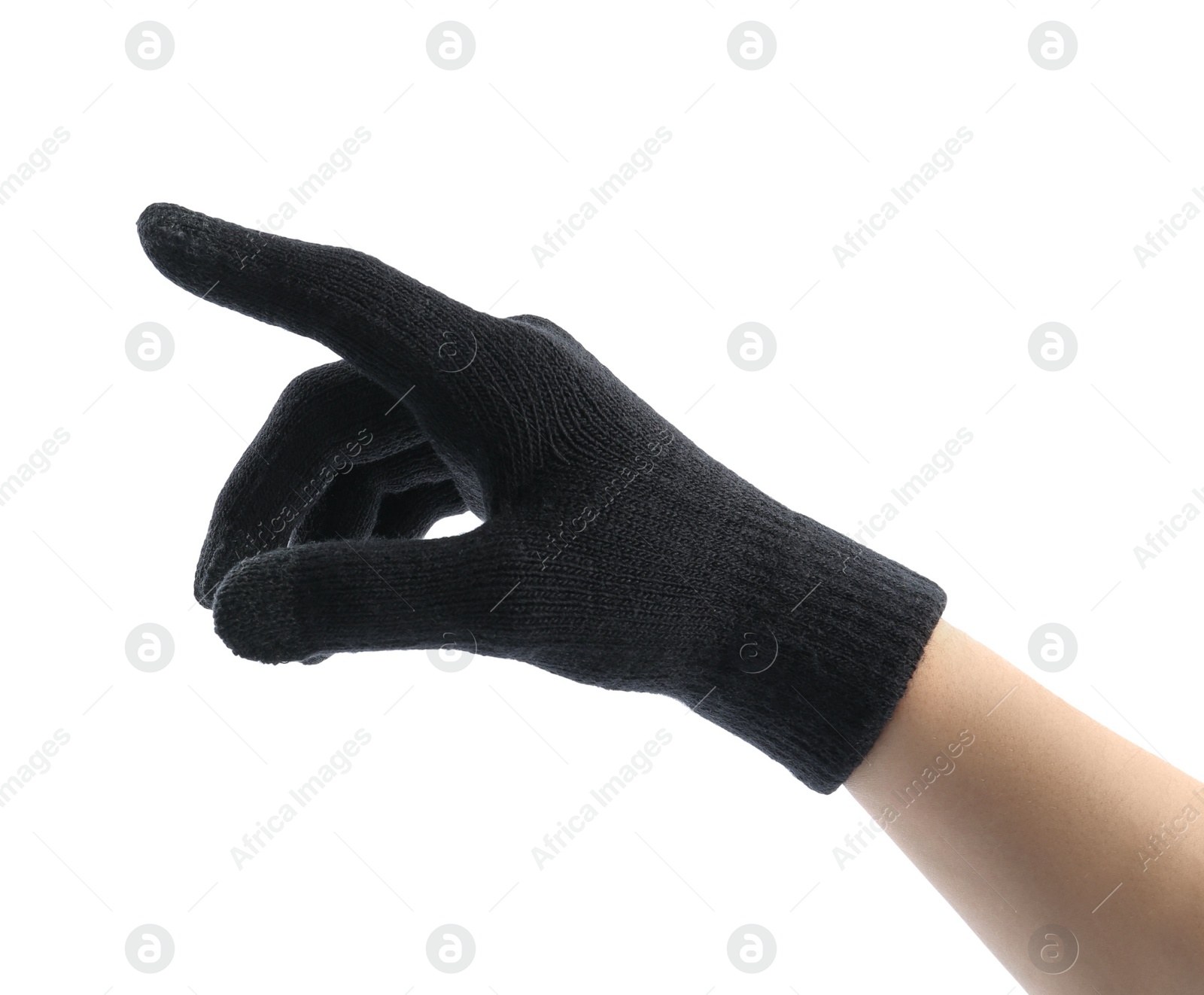 Photo of Woman in black woolen glove on white background, closeup. Winter clothes