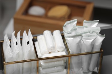 Photo of Organizer with different feminine hygiene products, closeup