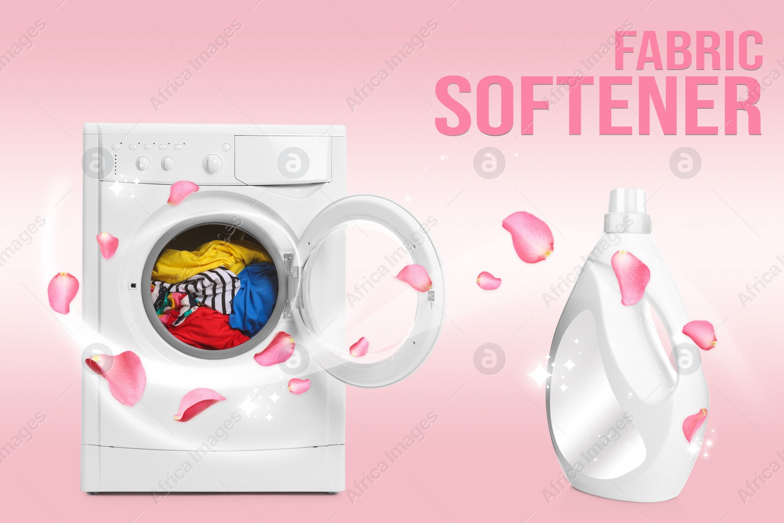 Image of Fabric softener advertising design. Flower petals flying around bottle of conditioner and open washing machine on pink background