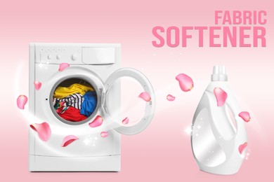 Fabric softener advertising design. Flower petals flying around bottle of conditioner and open washing machine on pink background