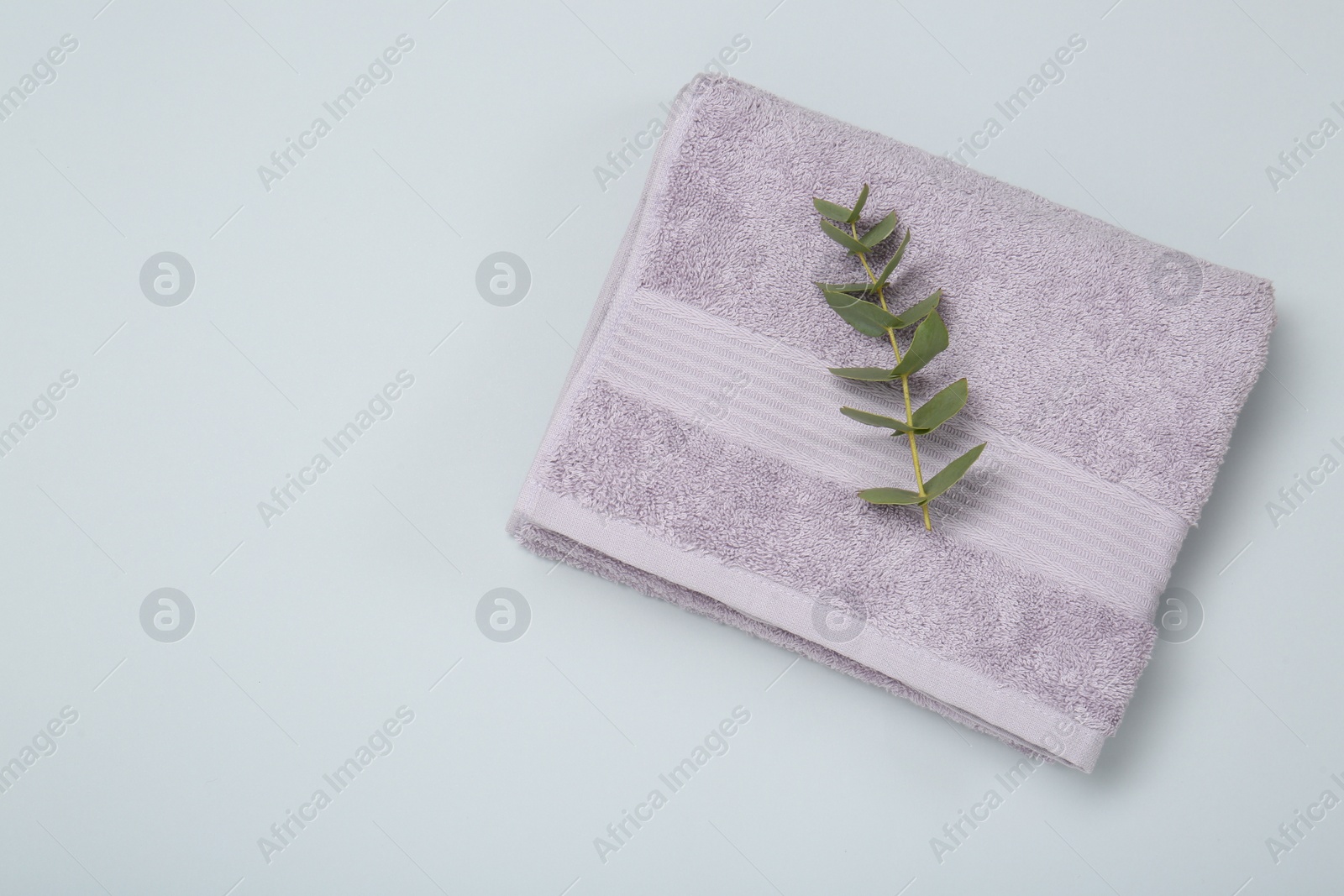 Photo of Violet terry towel and eucalyptus branch on light grey background, top view. Space for text
