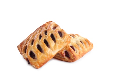 Fresh tasty puff pastry on white background