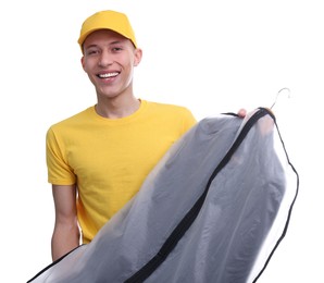 Photo of Dry-cleaning delivery. Happy courier holding garment cover with clothes on white background