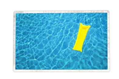 Image of Modern swimming pool with inflatable mattress isolated on white, top view