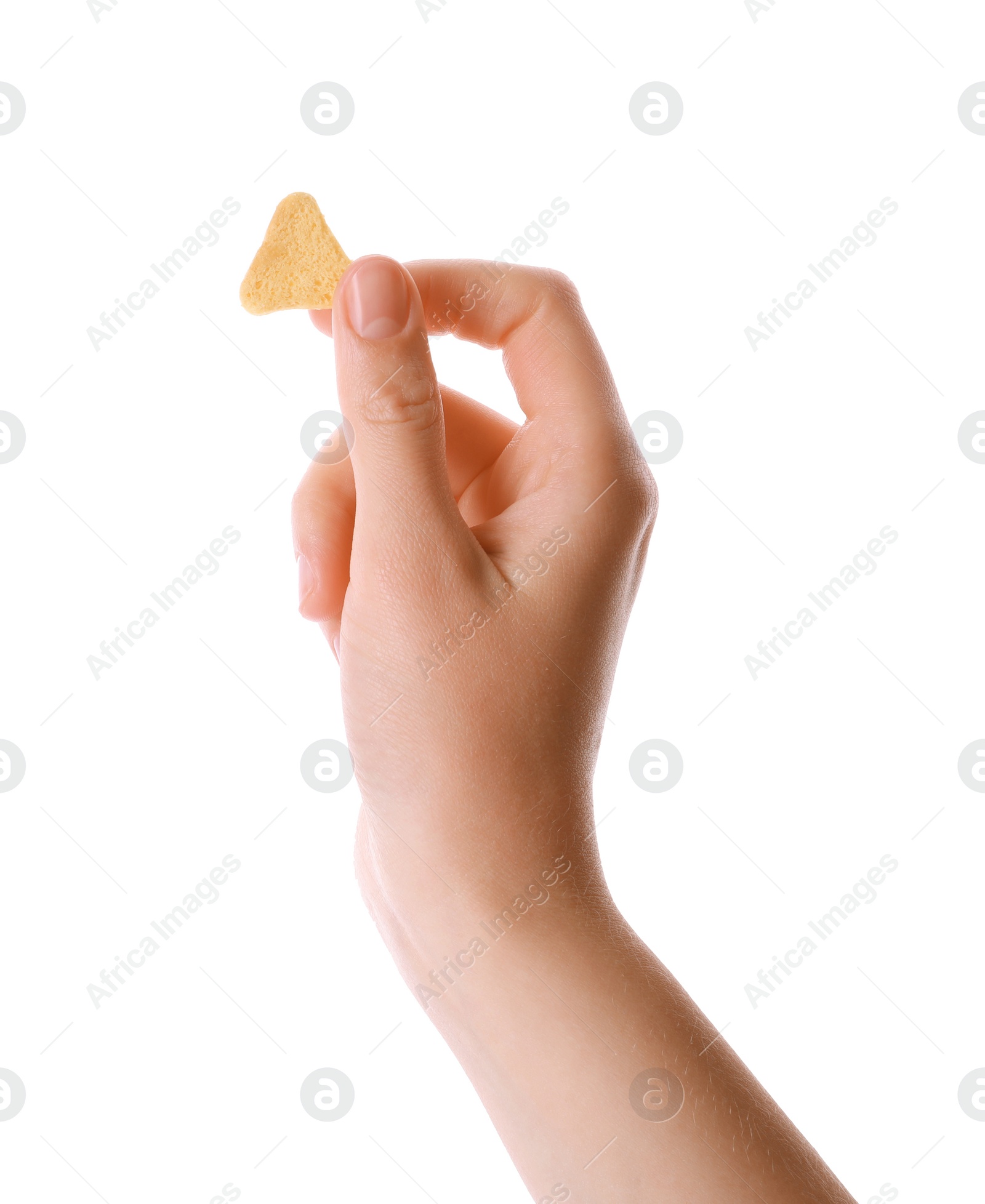 Photo of Woman holding crispy rusk on white background, closeup