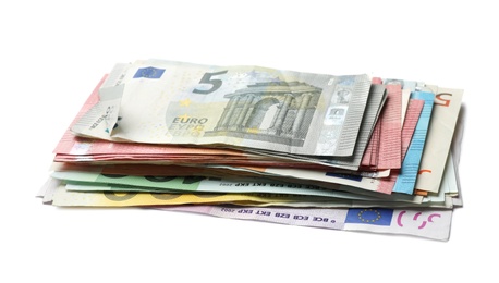 Image of Pile of different Euro banknotes on white background