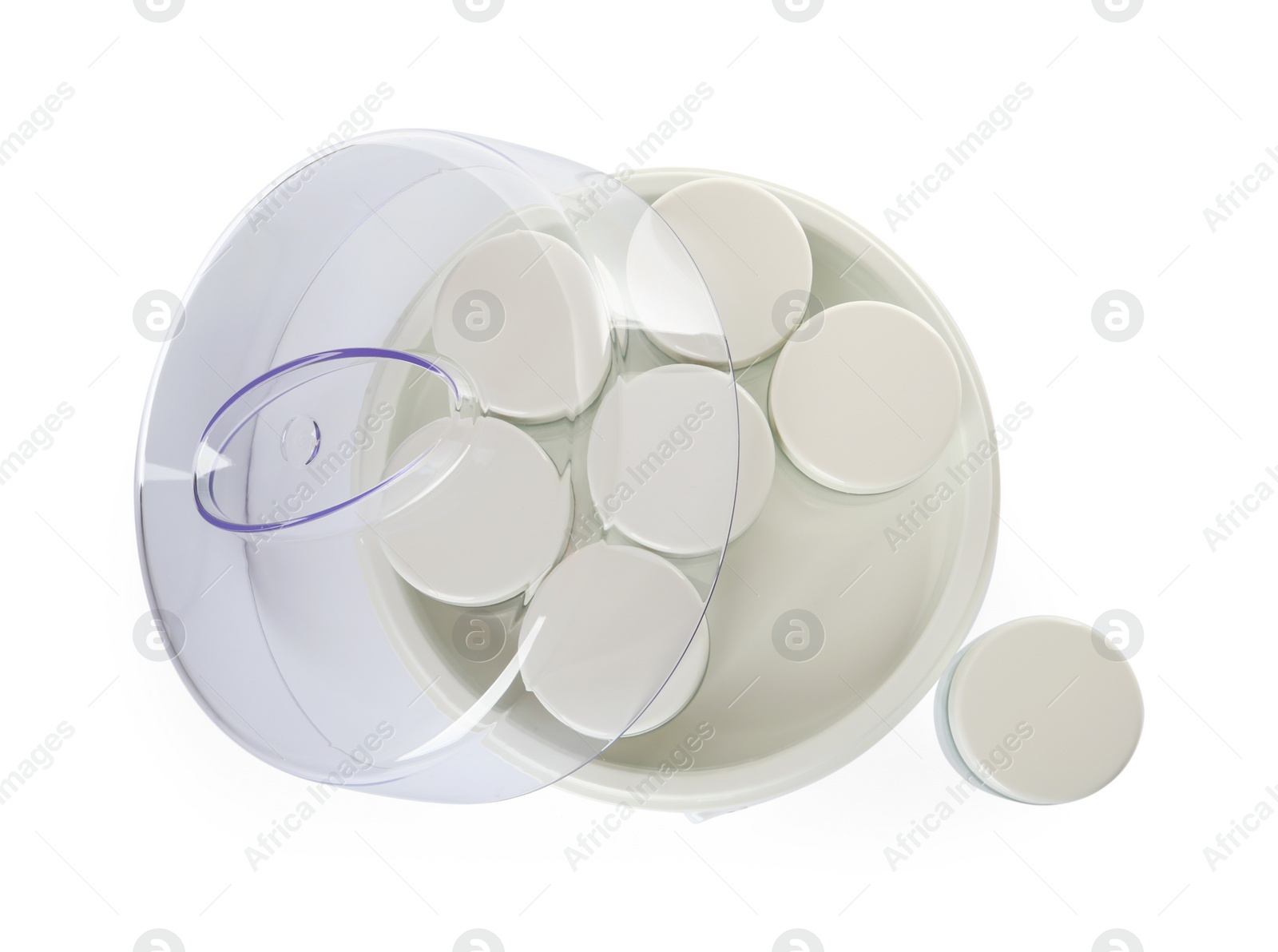 Photo of Modern yogurt maker with jars on white background, top view