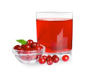 Photo of Tasty refreshing cranberry juice, mint and fresh berries isolated on white