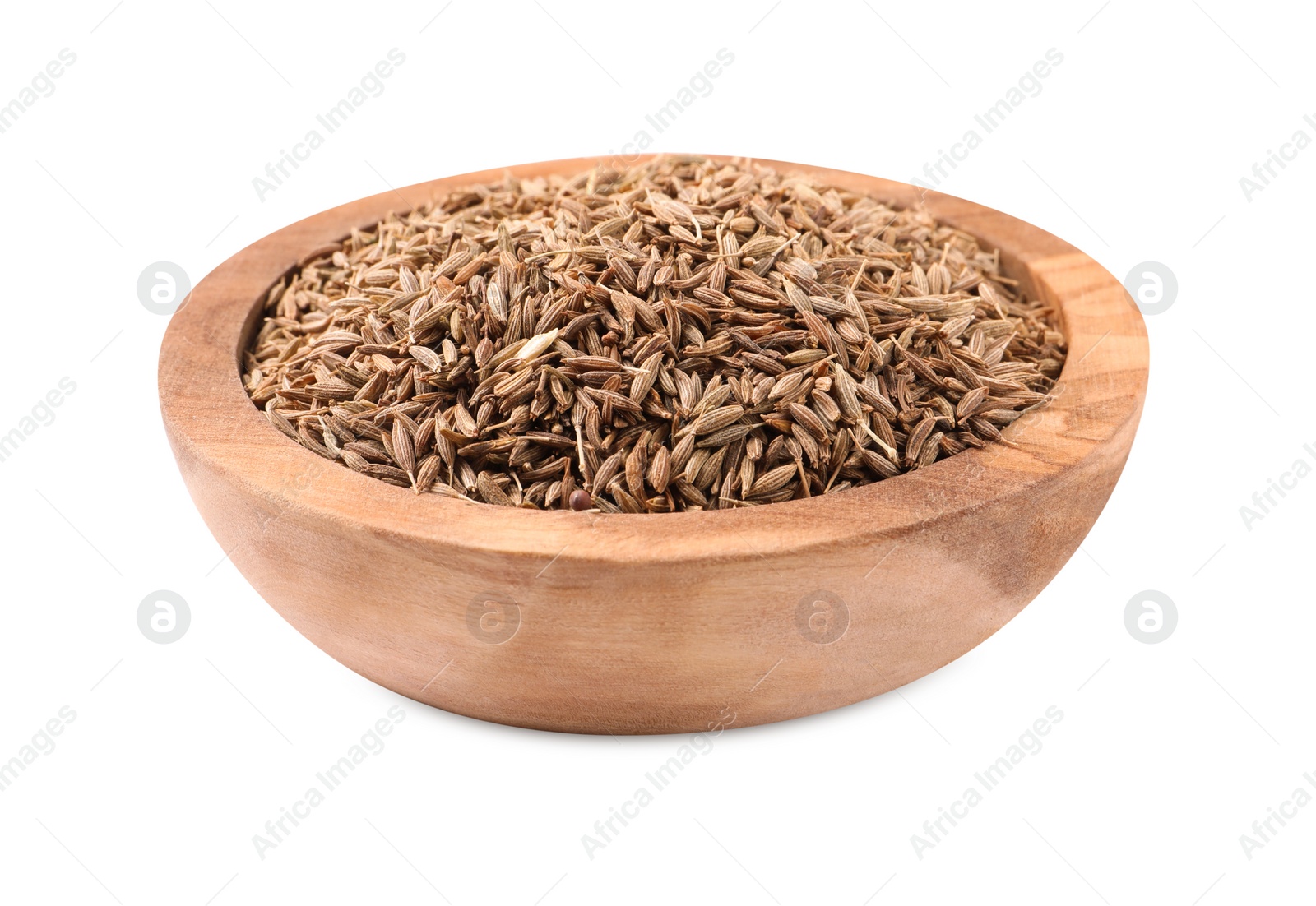 Photo of Bowl of aromatic caraway (Persian cumin) seeds isolated on white