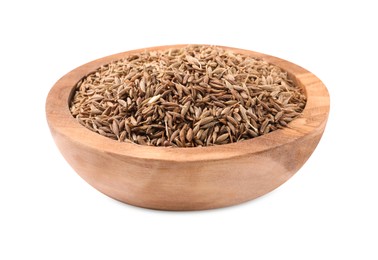 Photo of Bowl of aromatic caraway (Persian cumin) seeds isolated on white