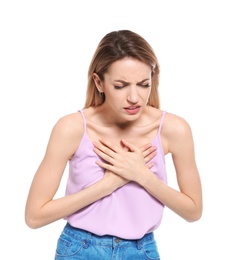 Young woman having heart attack on white background