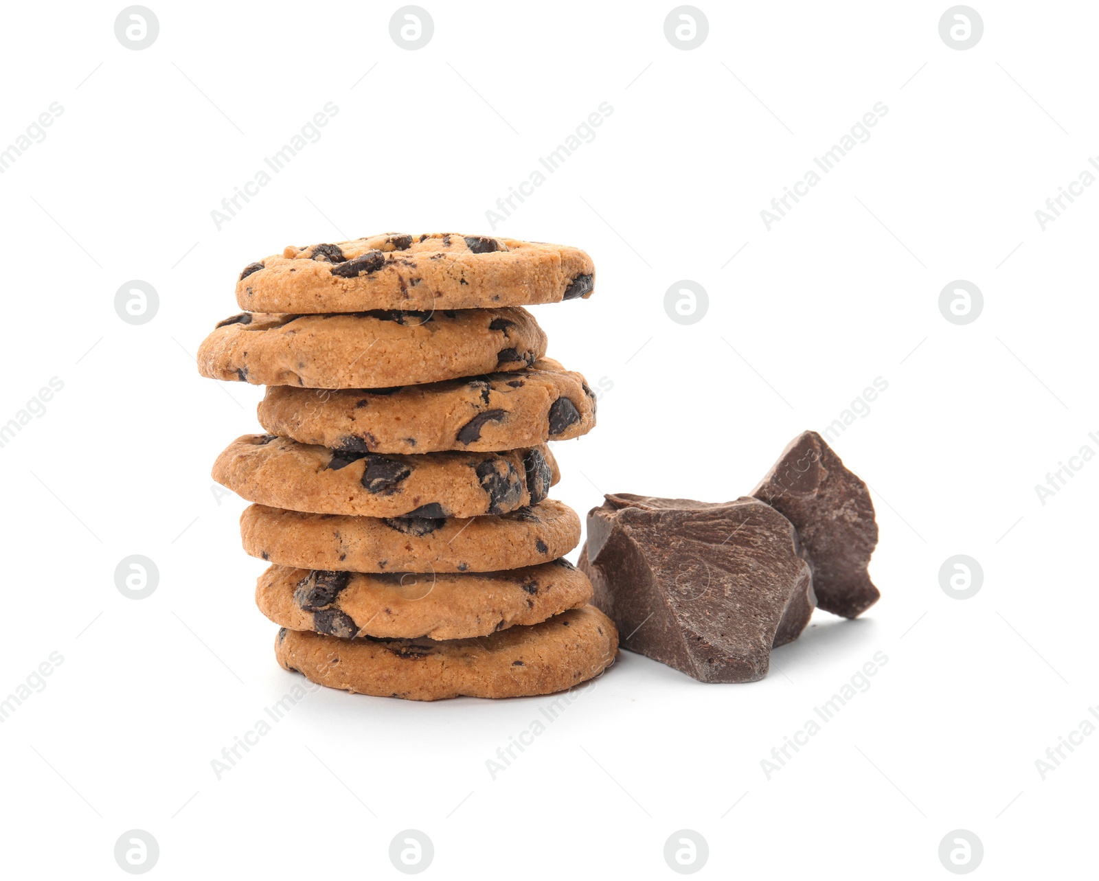 Photo of Stack of tasty chocolate chip cookies on white background