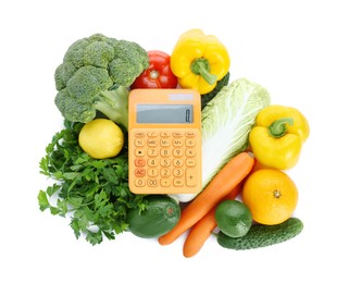 Photo of Calculator and food products on white background, top view. Weight loss concept