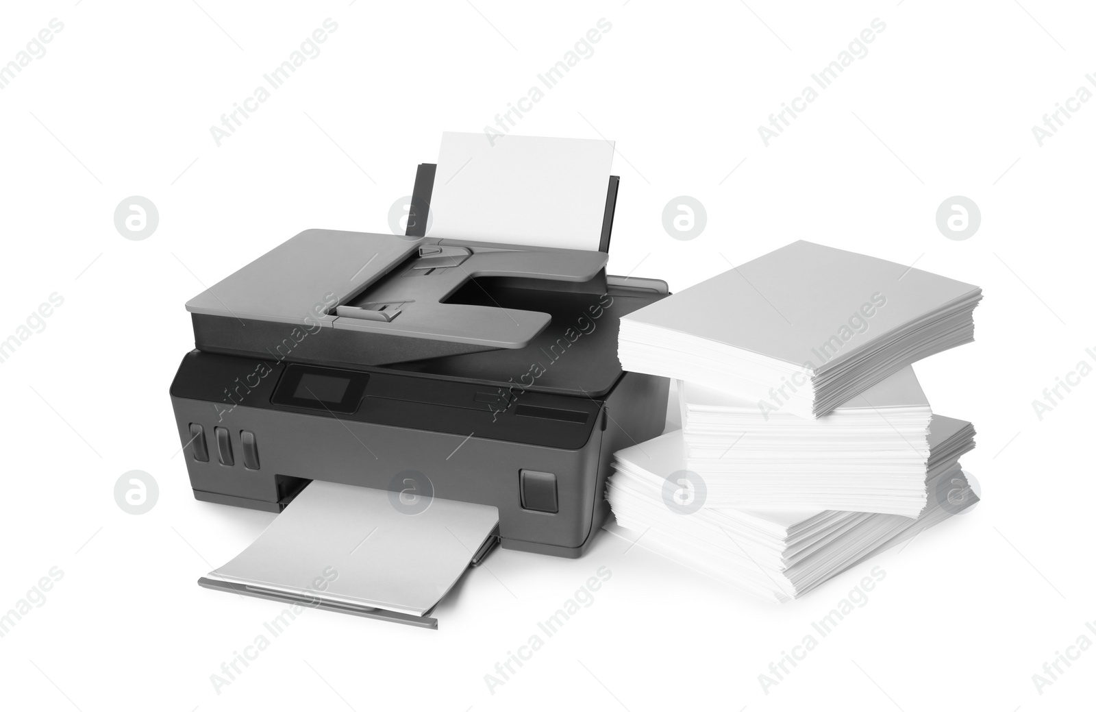 Photo of Modern printer and stack of paper on white background