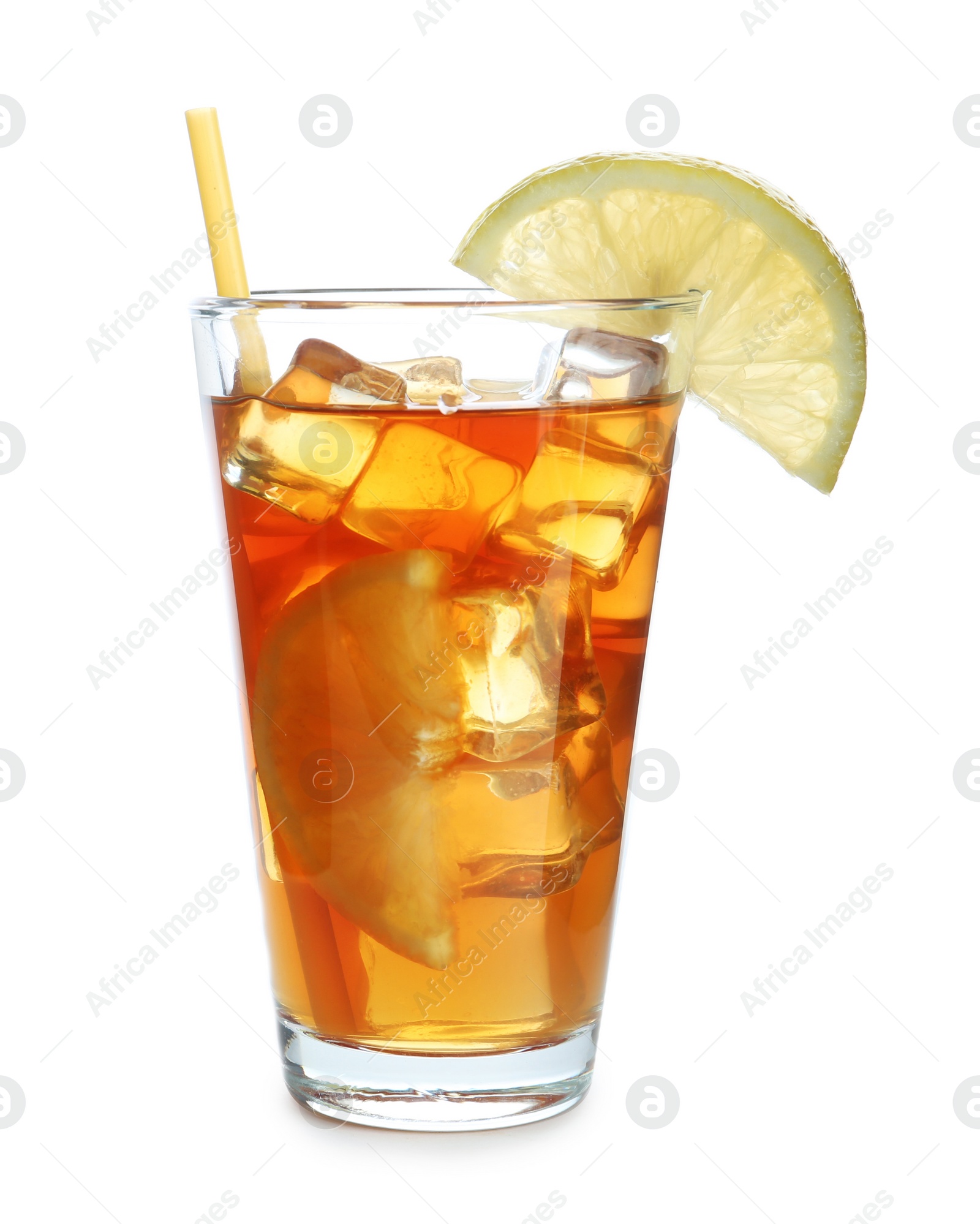 Photo of Glass of tasty iced tea with lemon and straw on white background